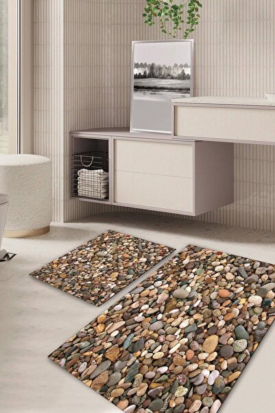 Kilimteks 3 Boyutlu Kaymaz Taban Yıkanabilir 2'li Set Banyo Halısı Paspas Klo...