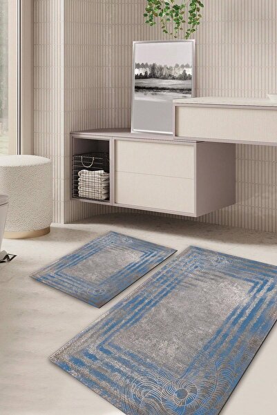 Kilimteks Dijital Baskılı Kaymaz Taban Yıkanabilir 2'li Set Banyo Halısı Pasp...