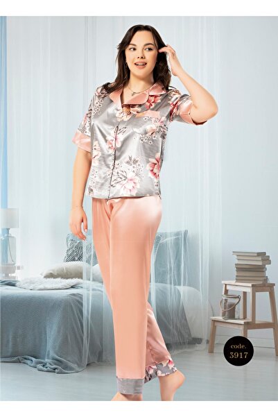 Miss Dünya Lissa Kadın Gömlek Yaka Desenli Önden Düğmeli Kısa Kol Saten Pijama Takımı