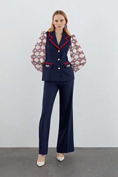 GİZİA Cepler Zincir Aksesuar Detaylı Palazzo Pantolonlu Lacivert Takım