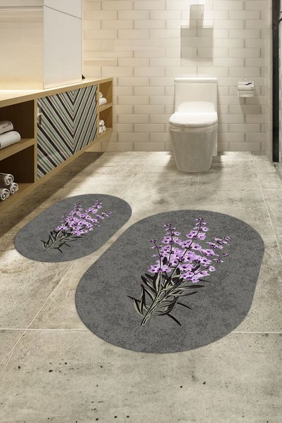 Kilimteks Digital Printed Non-Slip Base Washable Oval Bathroom Set Toilet Seat Set