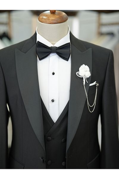 LONATOLİA Men's Tuxedo Groom Suit Swallow Collar Italian Cut Slim Fit Jacket Vest Pants Bow Tie-Black