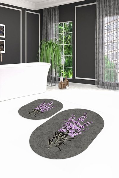 Kilimteks Digital Printed Non-Slip Base Washable Oval Bathroom Set Toilet Seat Set