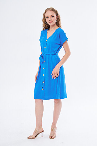 YÜKSEL IŞIK Синя коротка сукня з рукавами - Кольоровий дизайн на ґудзиках