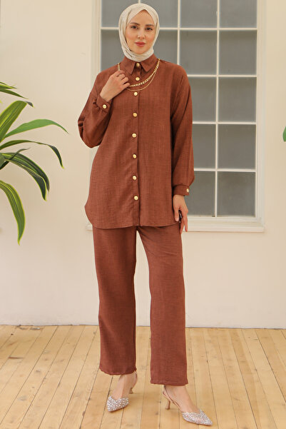 benguen 4015 Model Brown Double Set with Button Detail and Accessories