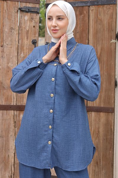benguen 4015 Indigo Button Detailed Double Accessory Set