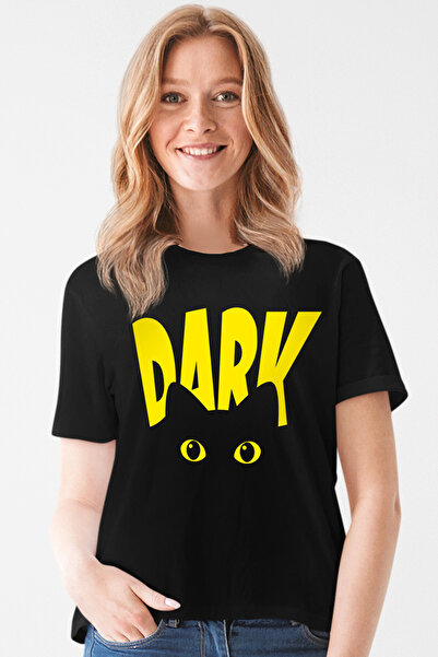 ROCKANDROLL Γυναικείο T-shirt με σχέδιο μαύρης γάτας - Σκούρο, κοντομάνικο