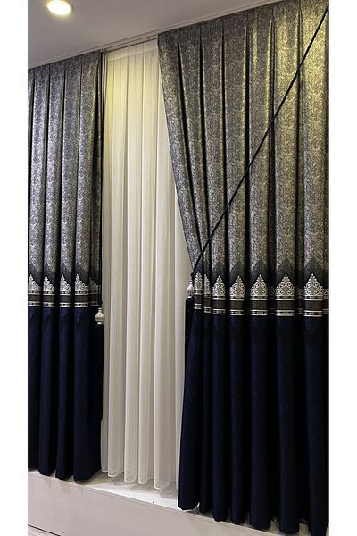 Fon Dünyası Panel Background Curtain Navy Blue Silver (Single Wing)