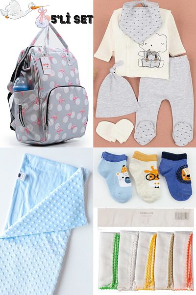 Bombinoo Large Birth Set of 5 - Baby Bag, Hospital Exit, Chickpea Blanket, 10-Piece Wipes and 3-Piece Socks