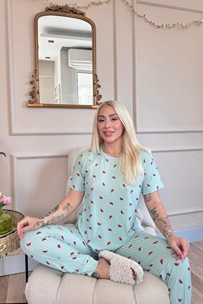 Pijamaevi Green Watermelon Patterned Women's Knitted Chain Pajama Set - Short Sleeve