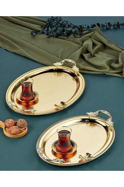 COOKCASE طقم صينية معدنية بيضاوية ذهبية مكونة من قطعتين - CKR3252