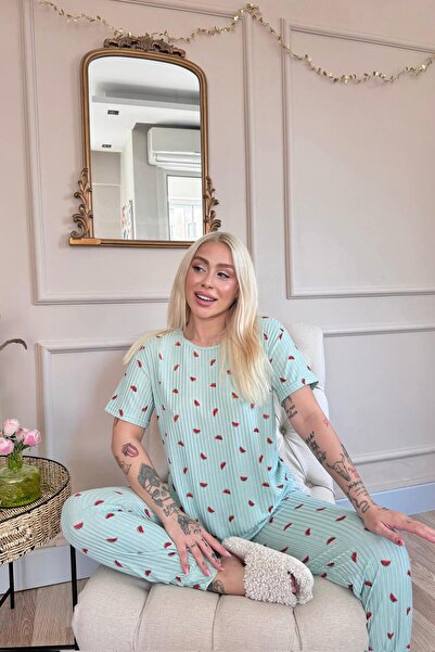 Pijamaevi Green Watermelon Patterned Women's Knitted Chain Pajama Set - Short Sleeve