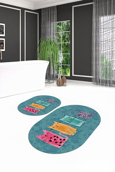 Alkilim طقم حمام بيضاوي رقمي غير قابل للانزلاق وقابل للغسل على شكل قطة، N-O-KLOZET-41-BLUE،