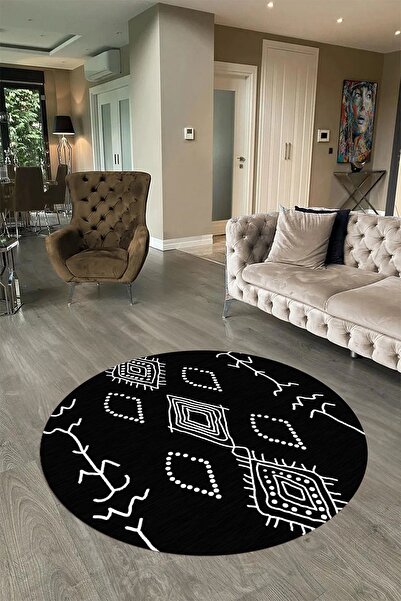 Dijital Baskılı Kaymaz Yıkanabilir İskandinav Yuvarlak Salon Halısı, N-Y-İSKANDİNAV-26-ANTRASİT,