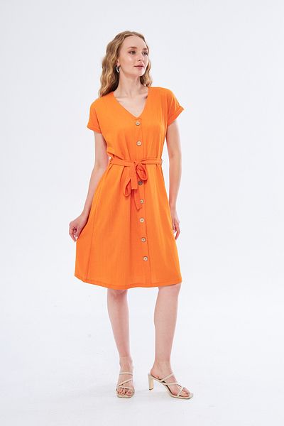 YÜKSEL IŞIK Dark Yellow Colored Buttoned Short Dress