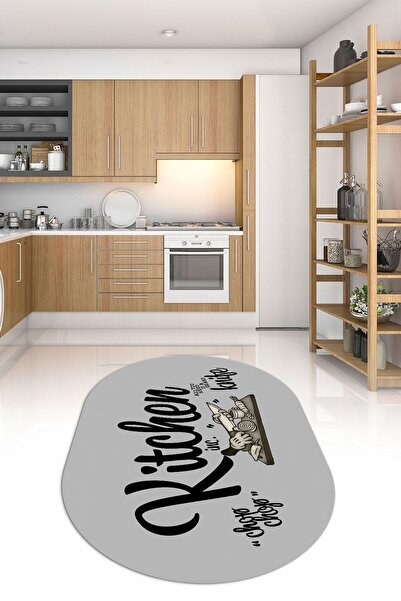 Alkilim Dijital Baskılı Kaymaz Yıkanabilir Kitchen Yazılı Oval Mutfak Halısı,...