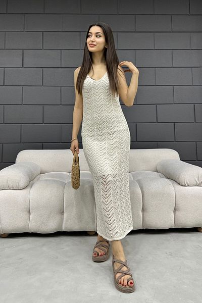 MODAMERSİ Women's Cream Lined Openwork Knitwear Dress 2445