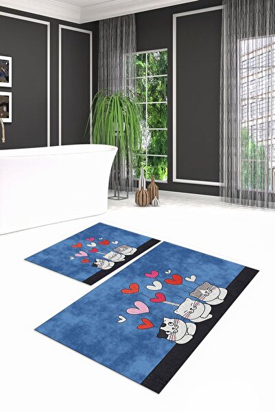 Alkilim Dijital Baskılı Kaymaz Yıkanabilir Kedi Desen İkili Banyo Takımı Kloz...