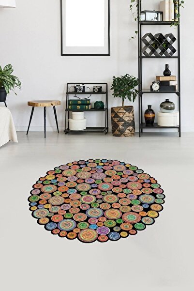 Viyana Home Dijital Baskılı Kaymaz Yıkanabilir Yuvarlak Lazer Kesim Salon Hal...