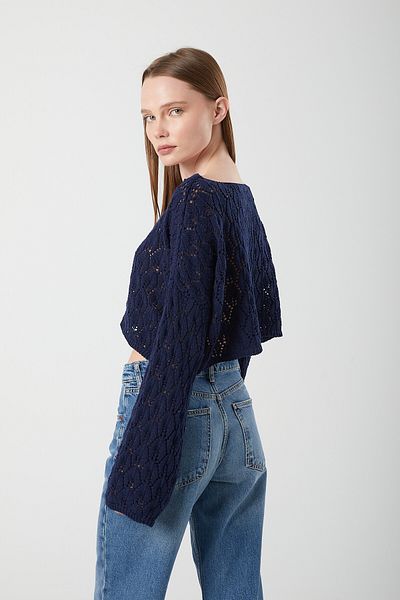 Mixray 6851 Women's Navy Blue Openwork Crop Oversize Seasonal Sweater