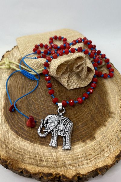 Balzamin Design Handmade Trowel Necklace Adjustable Macrame Elevator Necklace with Steel Elephant Figure Non-Tarnish Steel Necklace