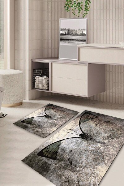 Kilimteks 3 Boyutlu Kaymaz Taban Yıkanabilir 2'li Set Banyo Halısı Paspas Klo...