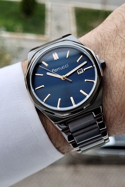 Ferrucci Navy Blue Smoked Men's Wristwatch - Calendar Dial