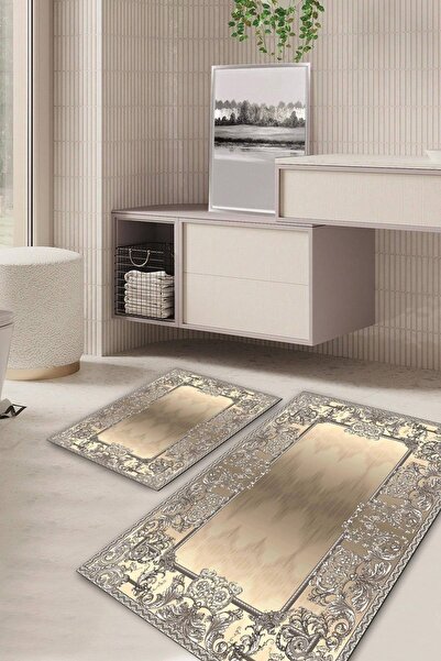 Kilimteks Klasik Desenli Kaymaz Taban Yıkanabilir 2'li Set Banyo Halısı Paspa...