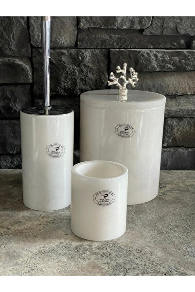 Polen Stone 3 Piece White Marble Trash Can - Wc and Toothbrush Holder