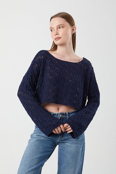 Mixray 6851 Women's Navy Blue Openwork Crop Oversize Seasonal Sweater
