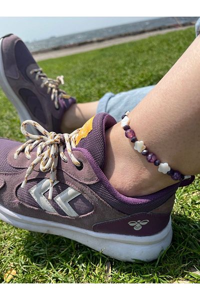 Balzamin Design Natural Stone Purple Agate Stone and Star Cut Mother of Pearl Handmade Macrame Knitted Anklet