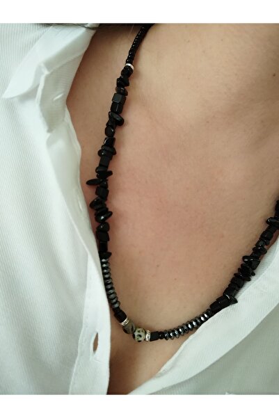 Balzamin Design Siyah Obsidyen Doğal Taş Kolye Benekli Jasper Taşı Uçlu Özel Tasarım Doğal Taş Kolye