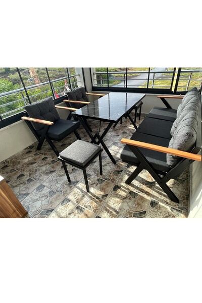 ELEN HOME Masalı 3+1+1 BENC +1 Bahçe Takımı Dış Ve Iç Mekan Metal Çay Seti Sü...