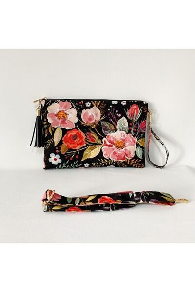 TALKING DREAMS Black Floral Long Handle Complete Fabric Clutch
