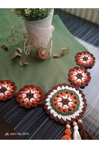 GUHEF Runner Masa Örtüsü Duck Keten Kumaş Örme Dantel Püsküllü YEŞİL A 40x100 Cm