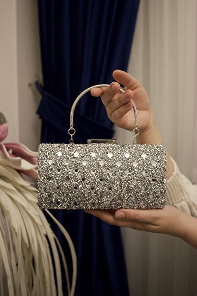 mossi Gümüş Taşlı Zincir ve Kolçaklı Abiye Çanta Düğün Çantası