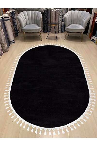 Seria Rug Oval Fringed Rabbit Skin Plush Rug Black