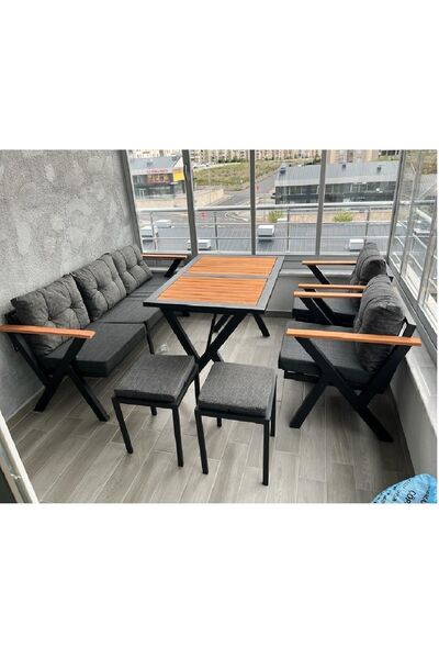 ELEN HOME Sehbalı 3+1+1 BENC 1+1 Bahçe Takımı Dış Ve Iç Mekan Metal Çay Seti ...