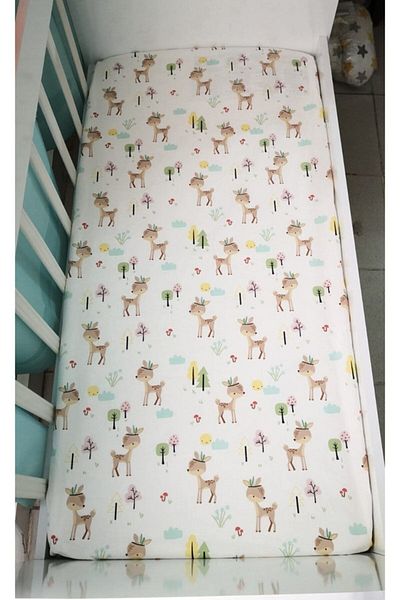 Bebek Özel Cotton Children's Fitted Sheet 90x190 2 Pieces Cute Animals And Roe Deer