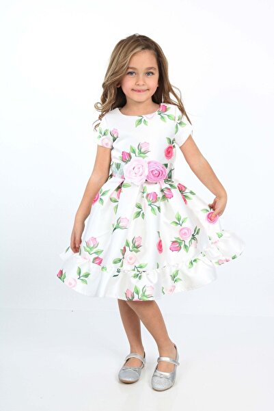 NUUR GIRLS Beli Çiçekli Kemerli Elbise