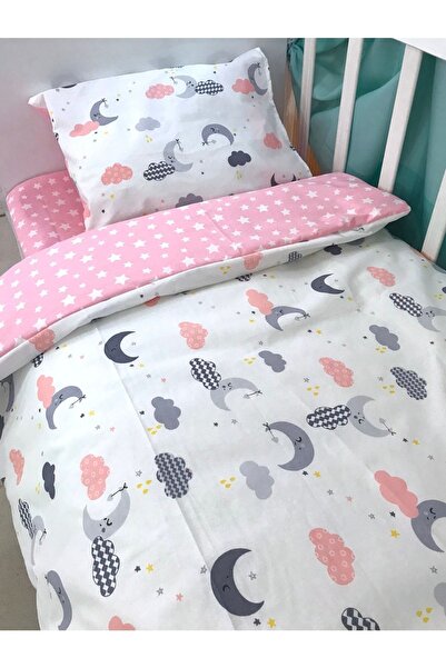 Bebek Özel Çocuk Nevresim Takımı 90x190 Yatak Için Pembe Gri Ay Bulut (yorgansız)