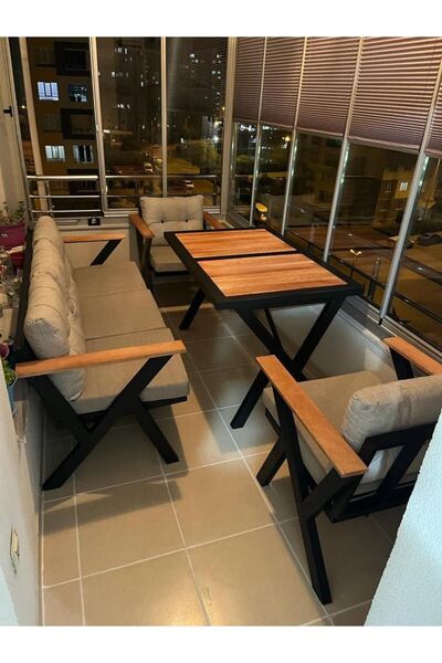 ELEN HOME Masalı 3+1+1 Bahçe Takımı Dış Ve Iç Mekan Metal Çay Seti Süngerli B...