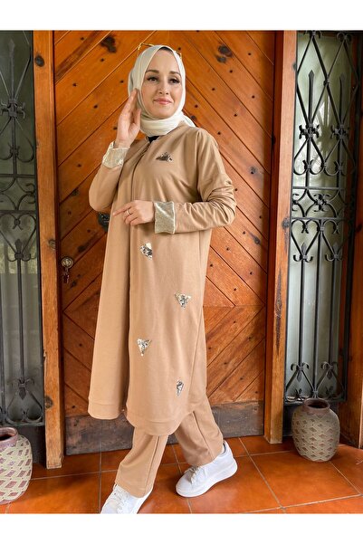 AYSUN AYDEMİR Σετ διπλής φόρμας από φλις σε χρώμα σίτου με λεπτομέρεια με παγιέτες