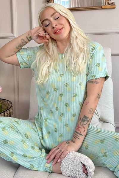 Pijamaevi Green Pineapple Patterned Chain Short Sleeve Women's Pajamas Set