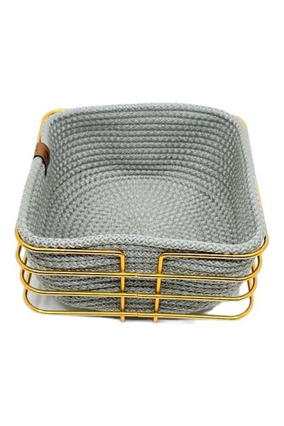 MiMW MimHome Gold - Stylish Wicker Knitted Square Corner Bread Basket, Stainless Metal, Multi-Purpose