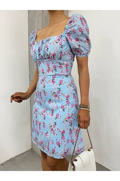 BİKELİFE Chiffon-Midikleid für Damen mit Blumendruck, quadratischem Kragen und Krawatte auf der Brust