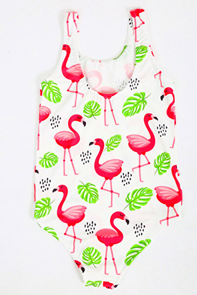 FırsatYeri Kız Çocuk Mayo Beyaz Pembe Flamingo Desenli Baskılı Rahat Hızlı Kuruyan Mayo Deniz Havuz Plaj Mayosu