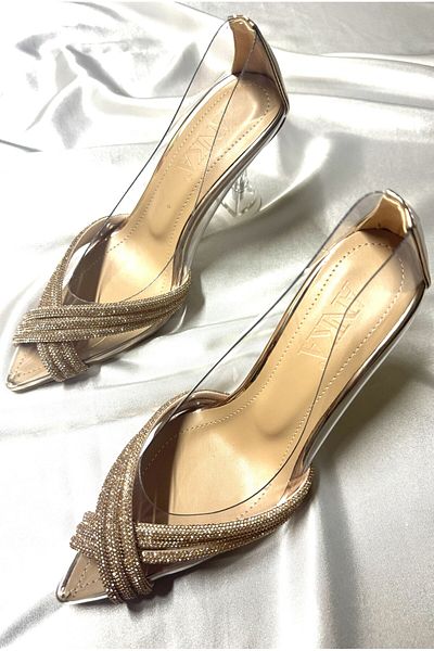 TrendyAnka Lady Princess Nude Rose - Transparent Heeled Pointed Toe Evening Shoes, 8Cm Cross Stone Detailed