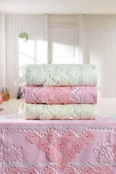 şenkahveci tekstil Set of 4 100% Cotton Velvet Needle Lace Lace Motif 50x90 Cm Hand and Face Towels
