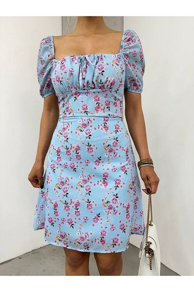 BİKELİFE Chiffon-Midikleid für Damen mit Blumendruck, quadratischem Kragen und Krawatte auf der Brust
